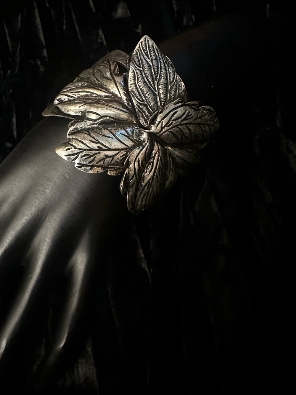 Leaf Motif Silver-Tone Statement Cuff Bracelet - Women Jewelry